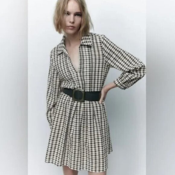 ZARA nwt CHECKED DRESS‎ WITH BELT - Picture 2 of 12